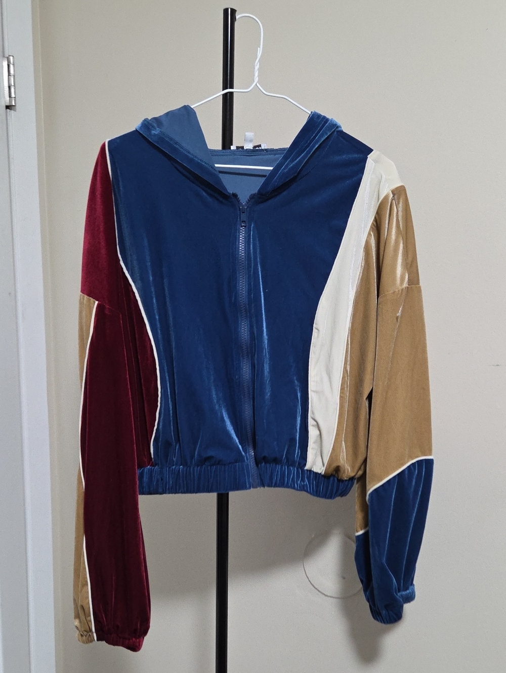 Fashion Nova Colorblock Velvet Hooded Zip Jacket - Navy, Burgundy & Tan